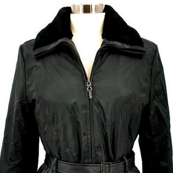 Rampage Outerwear Black Belted Trench Faux Fur Jacket - Picture 3 of 12